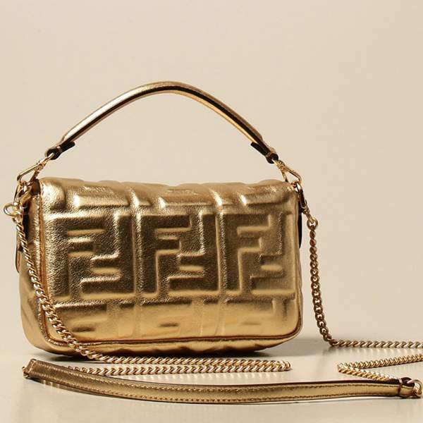 希少 フェンディ ゴージャス レザーバケット ミニバッグ 偽物 FF ゴールド